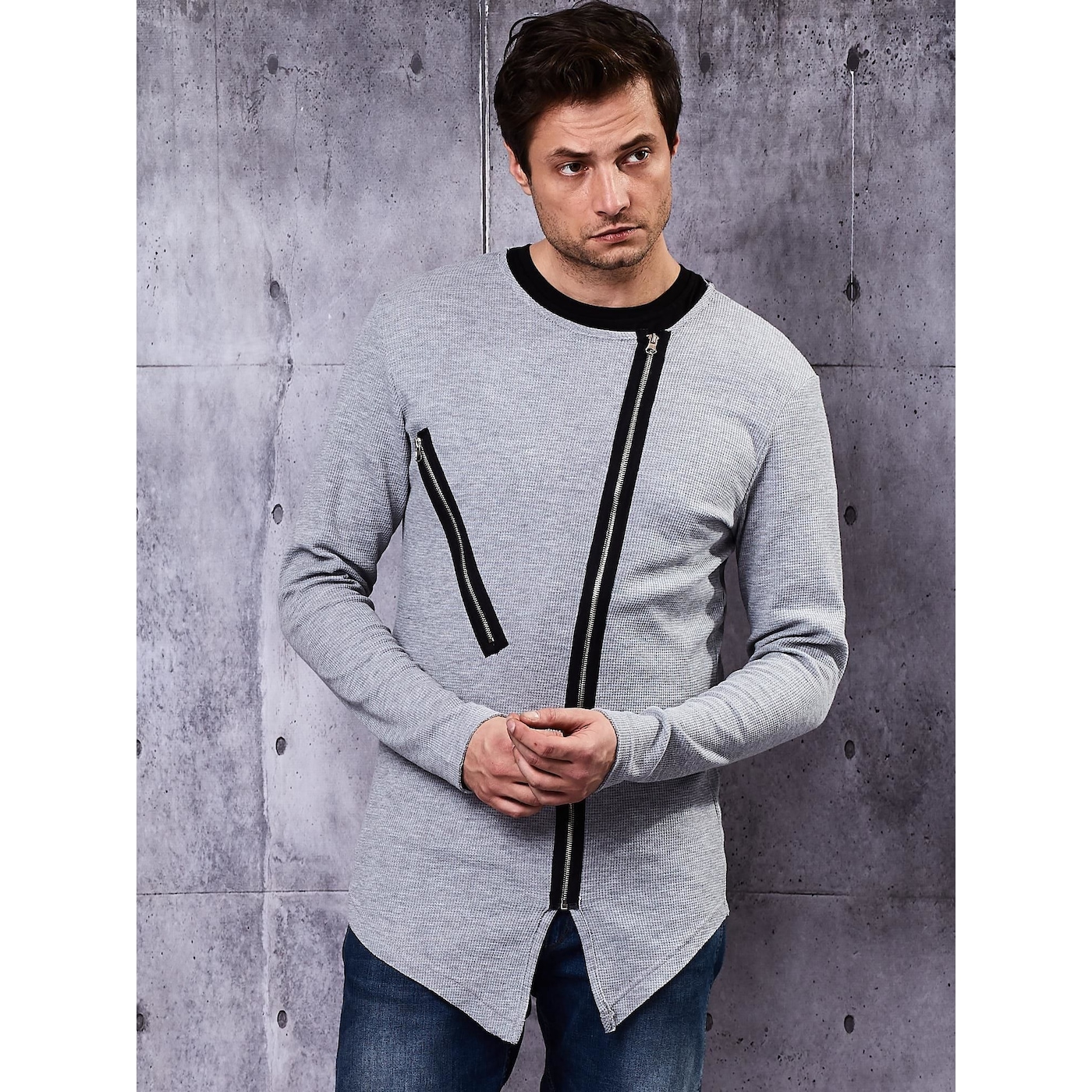 Мъже  Мъжко облекло  Суичъри  Суичъри с цип Men’s gray sweatshirt with asymmetrical zippers 1477737-7875732