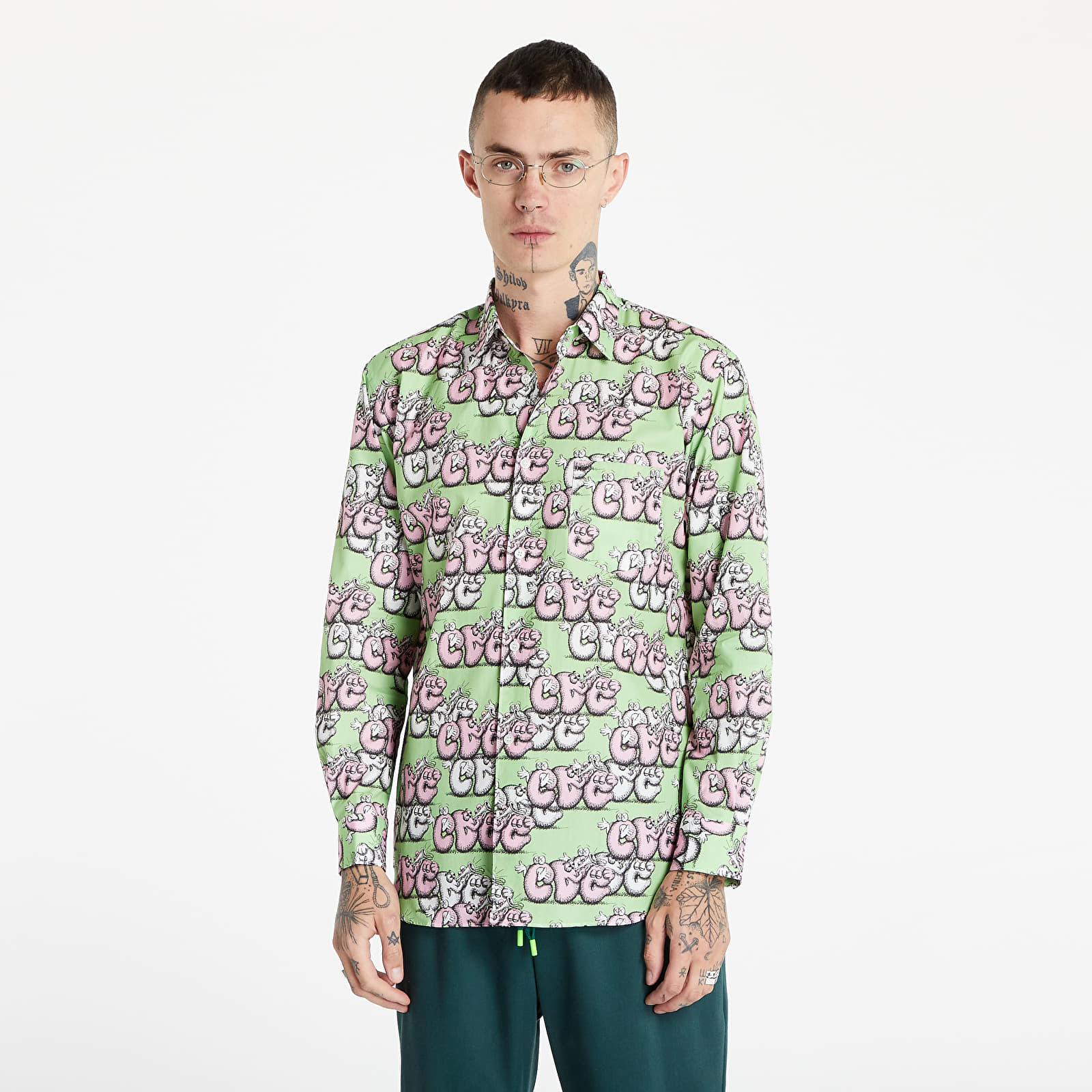 Ризи Comme des Garçons SHIRT x KAWS Mens Shirt Woven Green/ Pink 944845
